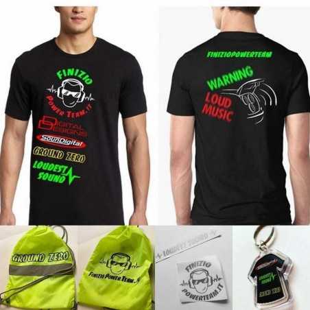 Gadget Pack Finizio Power Team T-Shirt  "XL" + Portachavi con Mini Subwoofer Piccolo 4 Adesivi