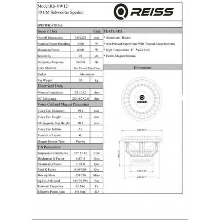 REISS AUDIO RS-VW12 D1 Subwoofer 30 Cm 6000 Watt 12" Sub
