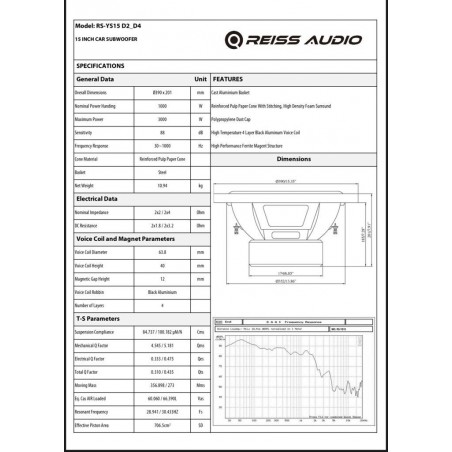 REISS AUDIO RS-YS15 D2 Subwoofer 38 Cm 3000 Watt 15" Sub