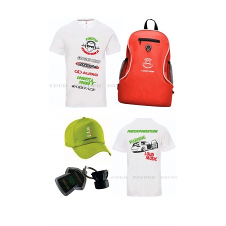 Gadget Pack Loudest Sound con ZAINO ,  T-Shirt ,  Berretto ,  Portachiavi Subwoofer 3d , Braccialetto e  Adesivo